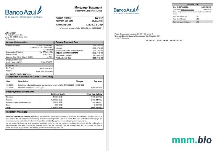 Salwador Banco Azul wyciąg z kredytu hipotecznego w formatach Word i PDF